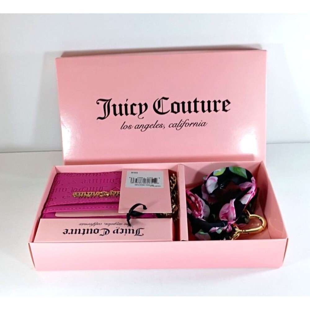 NWT Juicy Couture Hot Pink Card Wallet Key Chain & Scarf Gift Set Open Box - Picture 10 of 16